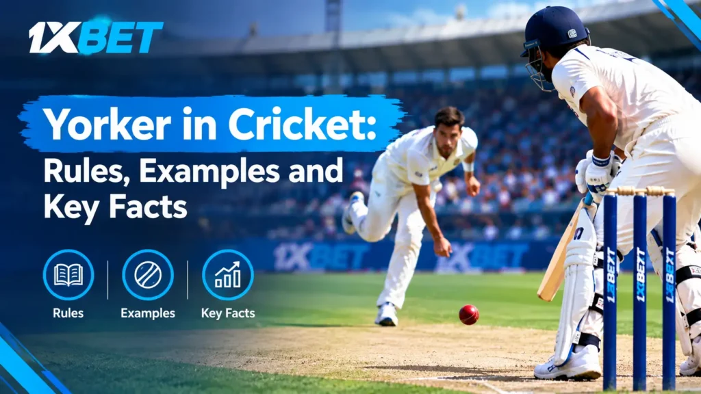 Yorker in cricket explained with bowler delivering a yorker towards the batter near the stumps – 1xBet India.